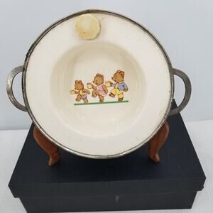 Excello Metal porcelain vintage 3 bears childs food serving dish hot water cork